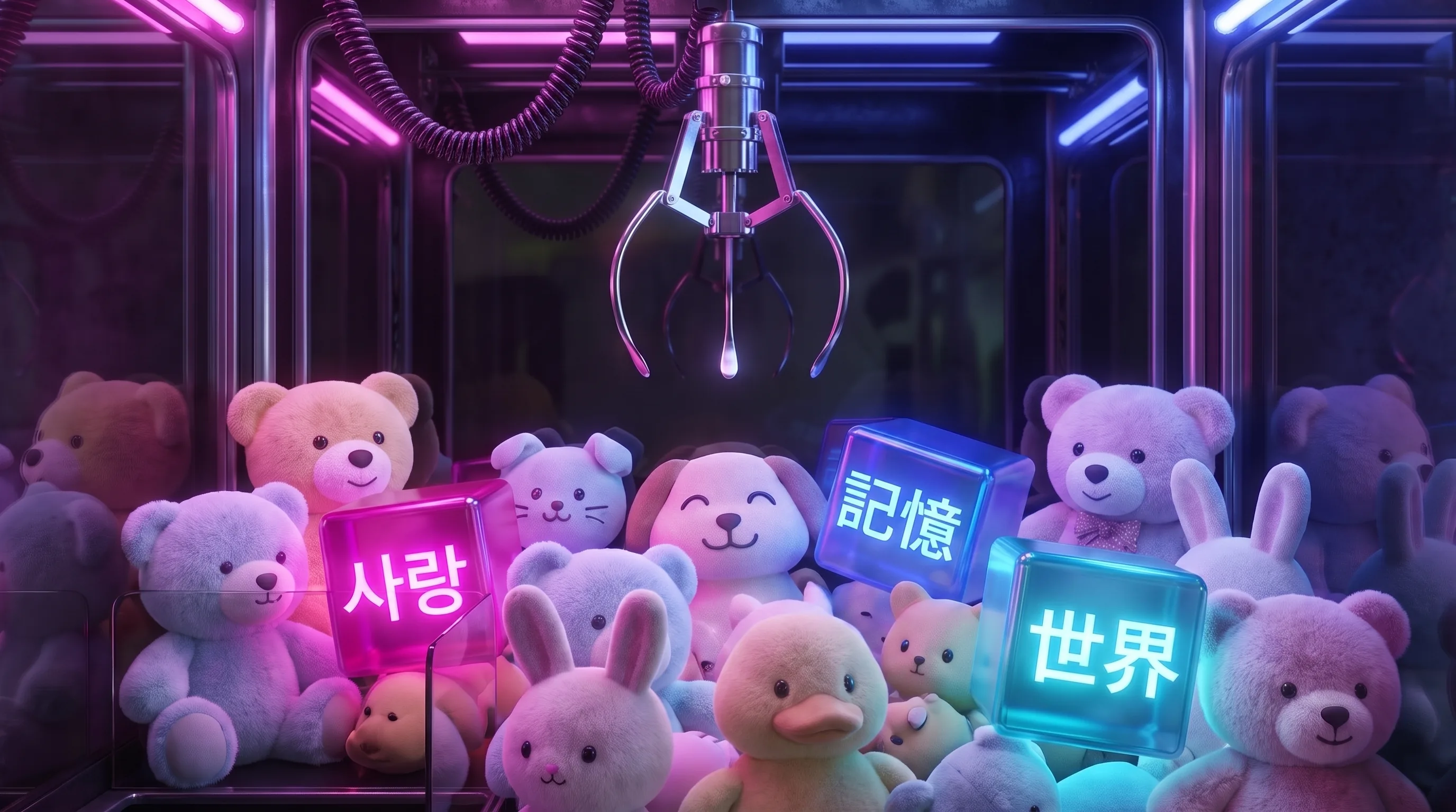 ตู้คีบตุ๊กตาธีมนีออน มีบล็อกคำหลายภาษาเรืองแสงอยู่ท่ามกลางตุ๊กตา